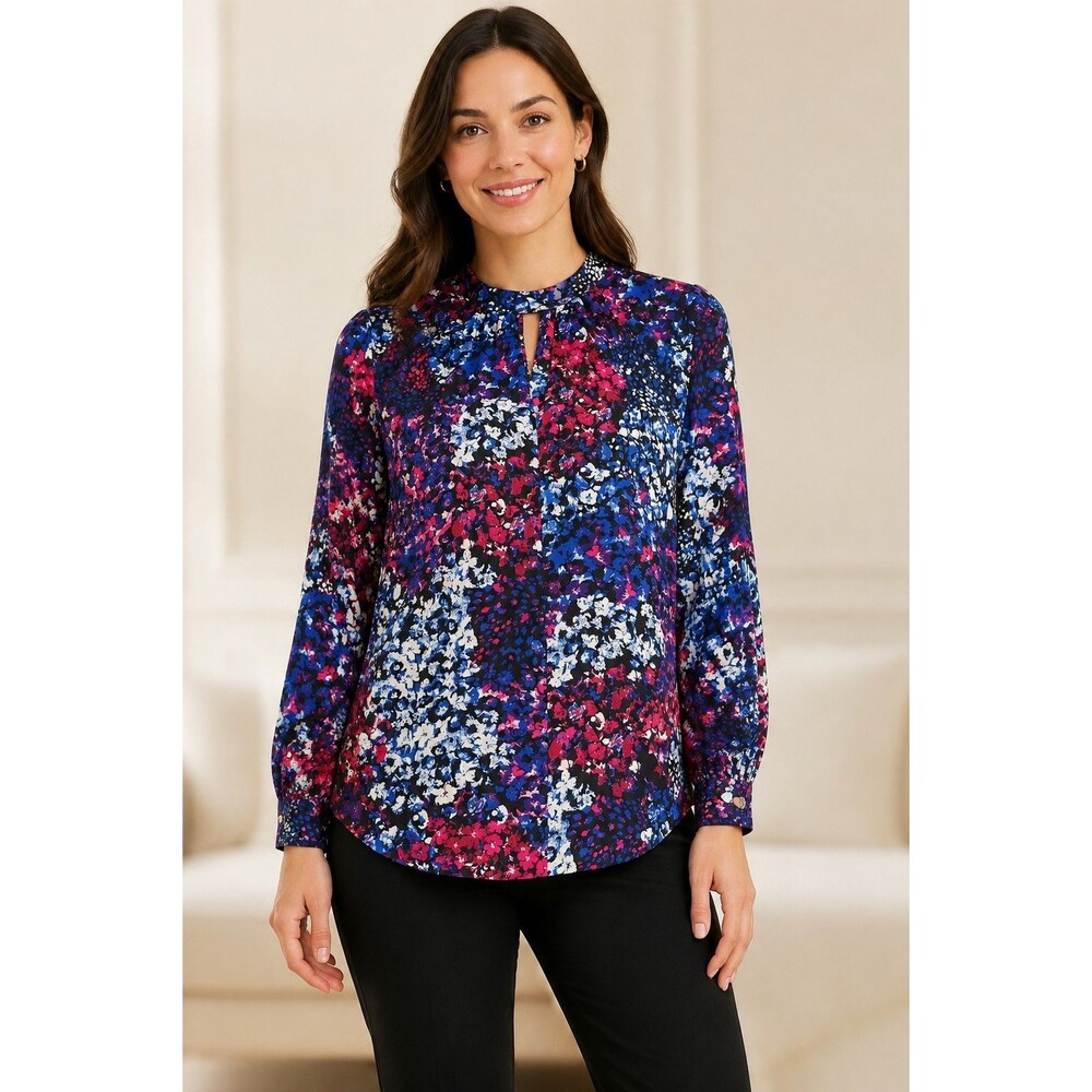 Nine West Womens Small Pullover Blouse Pink Blue Floral Long Sleeves Keyhole